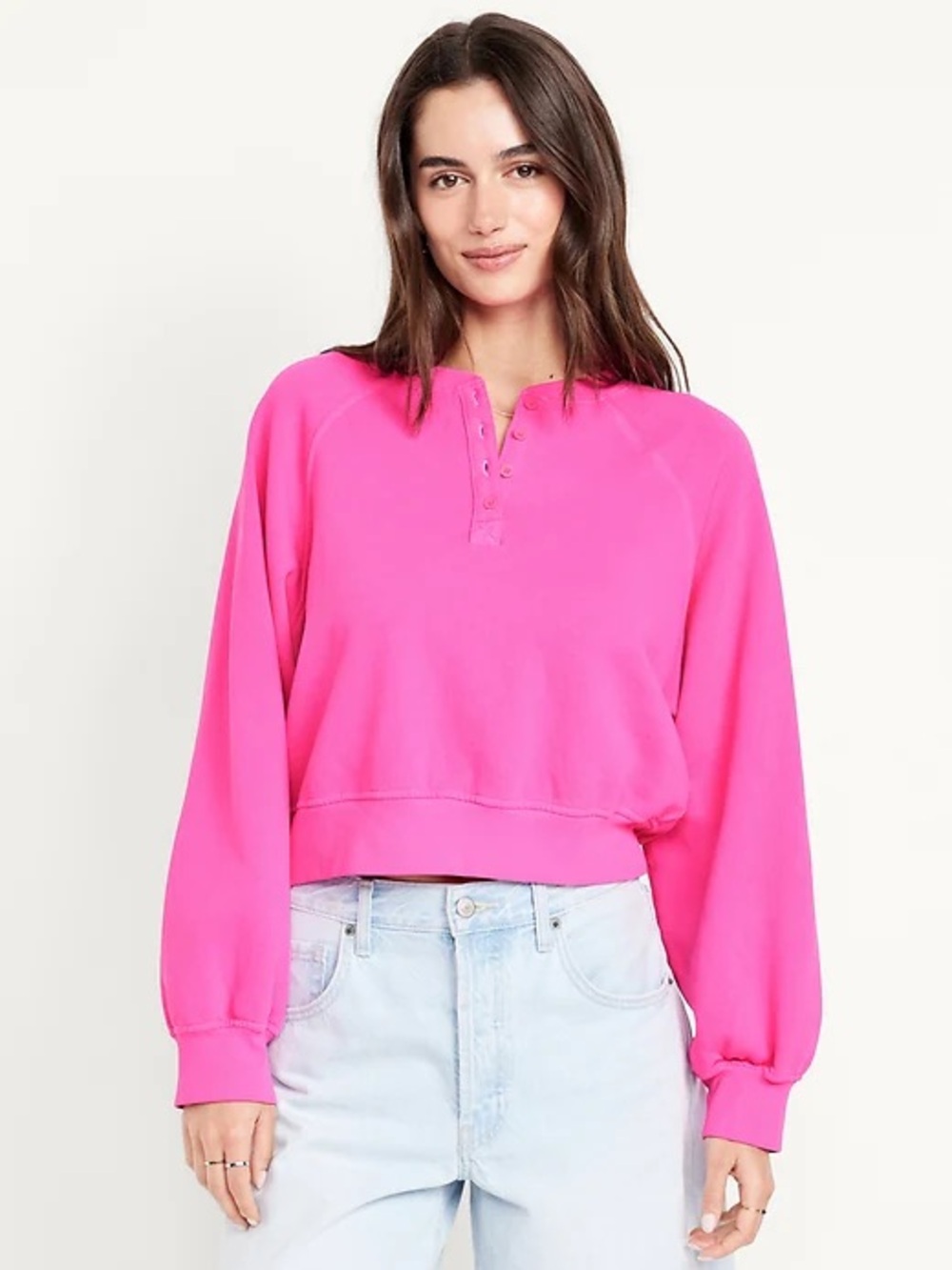 Old Navy Bright Pink Henley Cropped Sweatshirt